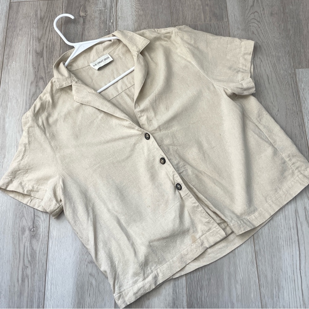 The Great Eros Shirt silk button up boxy womens Beige (medium) classic travel